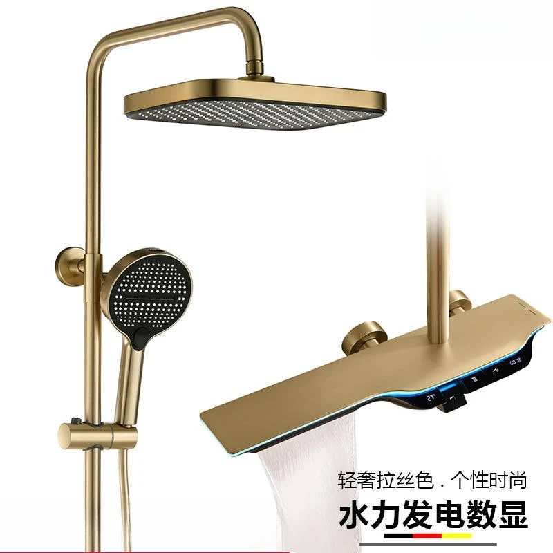 

Shower set, brushed gold, hydroelectric power, digital shower, ambient light, shower.