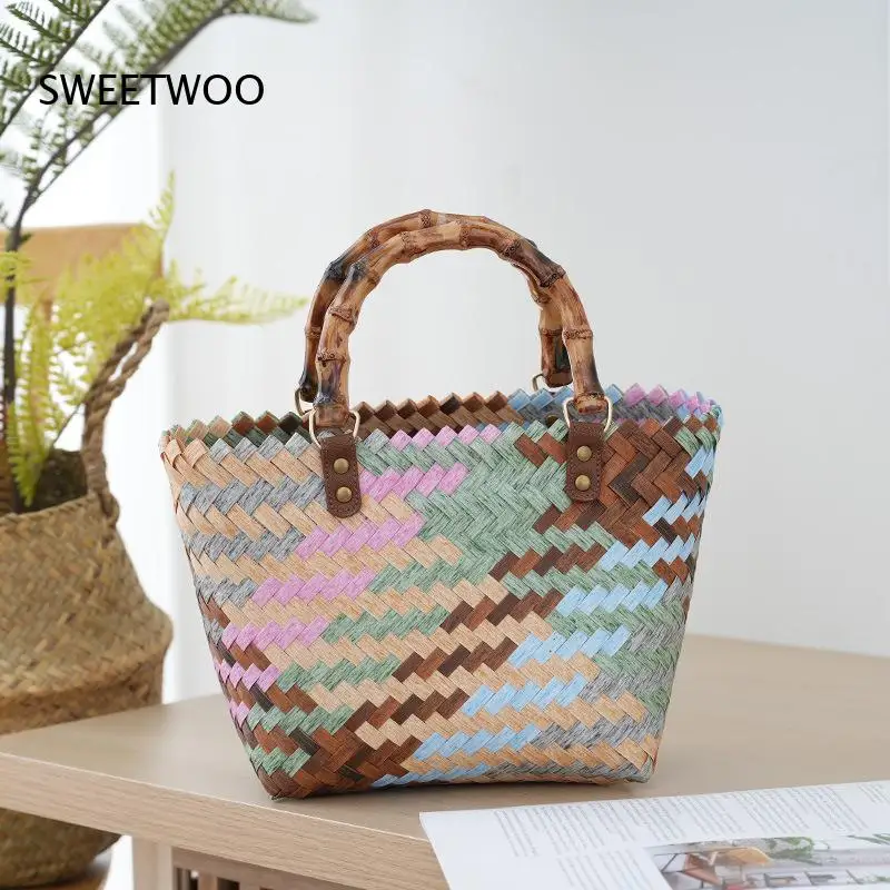 Woven Tote Bag Handles Serrated Top Edge Multi Color Block Woven Texture Metal Snap Closure Handbag Multiple Size Options
