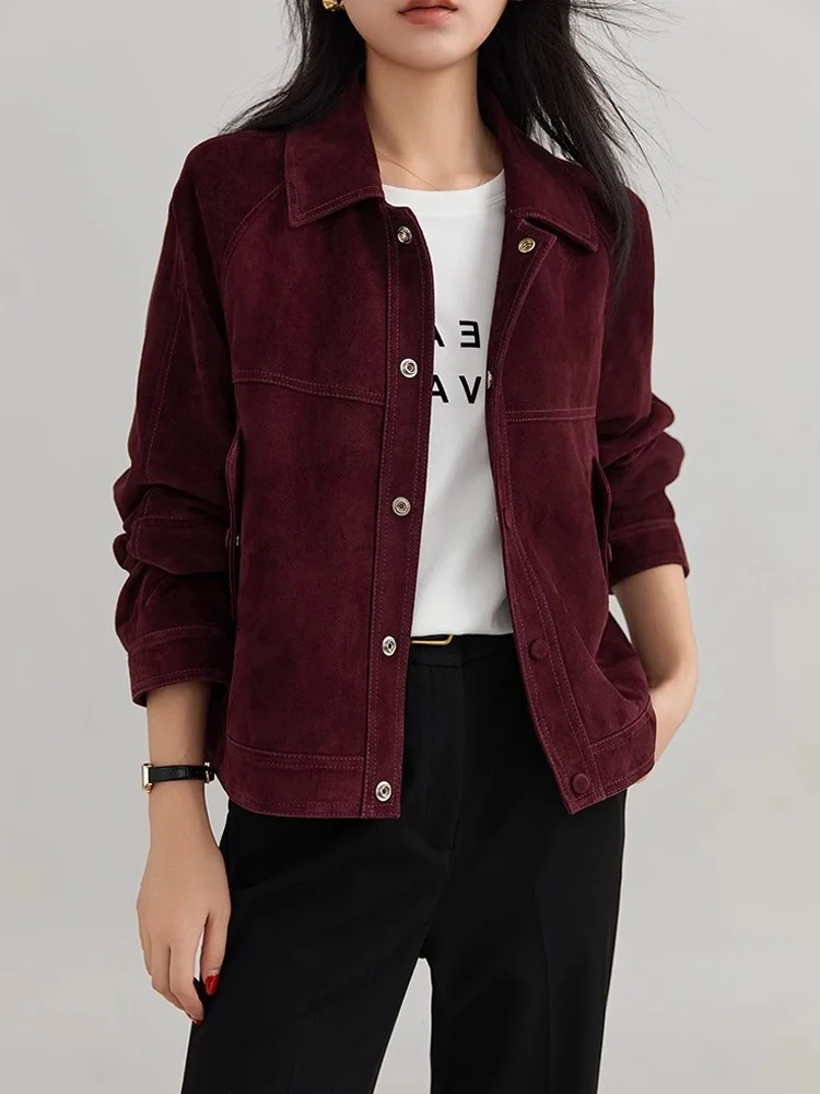 

Casual Angora Red Merald Faux Suede Jacket Stand Collar Short Outerwear Women's Small Size Commute Style Long Sleeve Coat