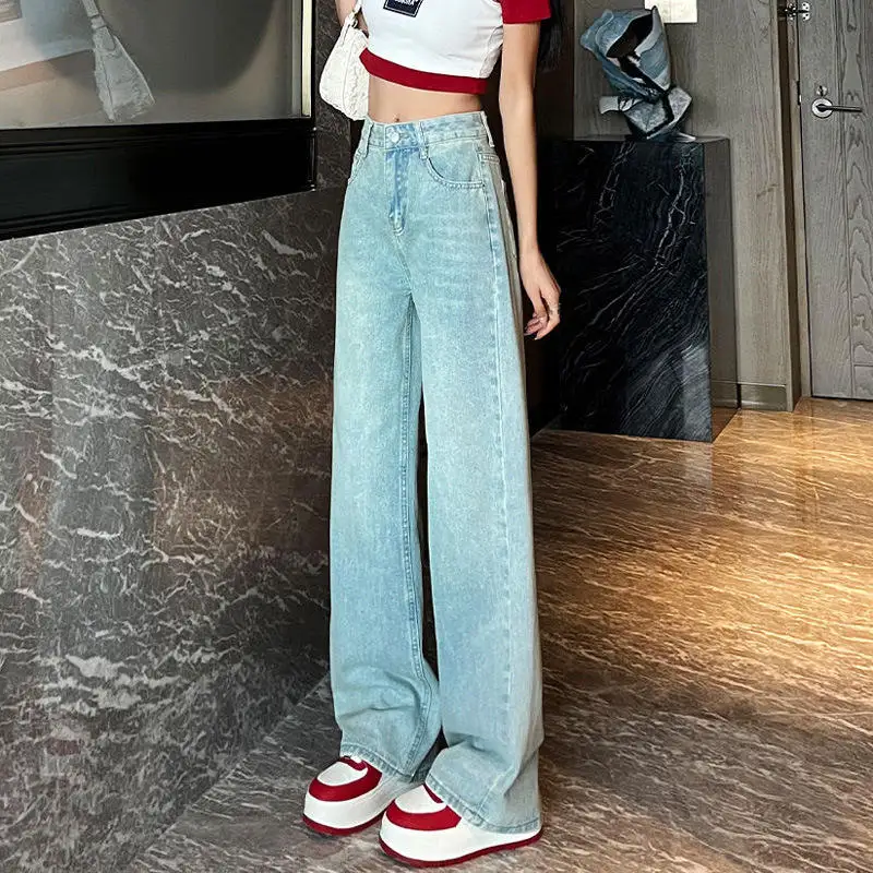 High Waist Straight Leg Korean Style Women's Jeans Spring Summer Red Label Contrast Color Design Embroidery Loose Floor-Lengt...