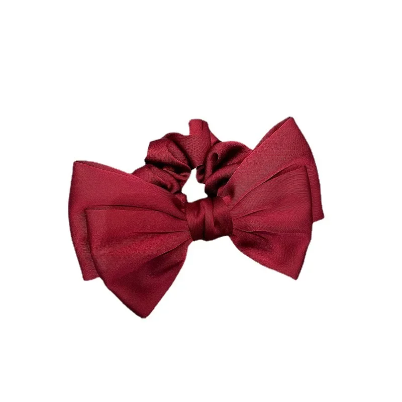 French Retro Satin Bow Hair Band for Women's Large Sweet Ponytail Headband Solid Color Bowknot Rubber Band Girl Hair Accessory