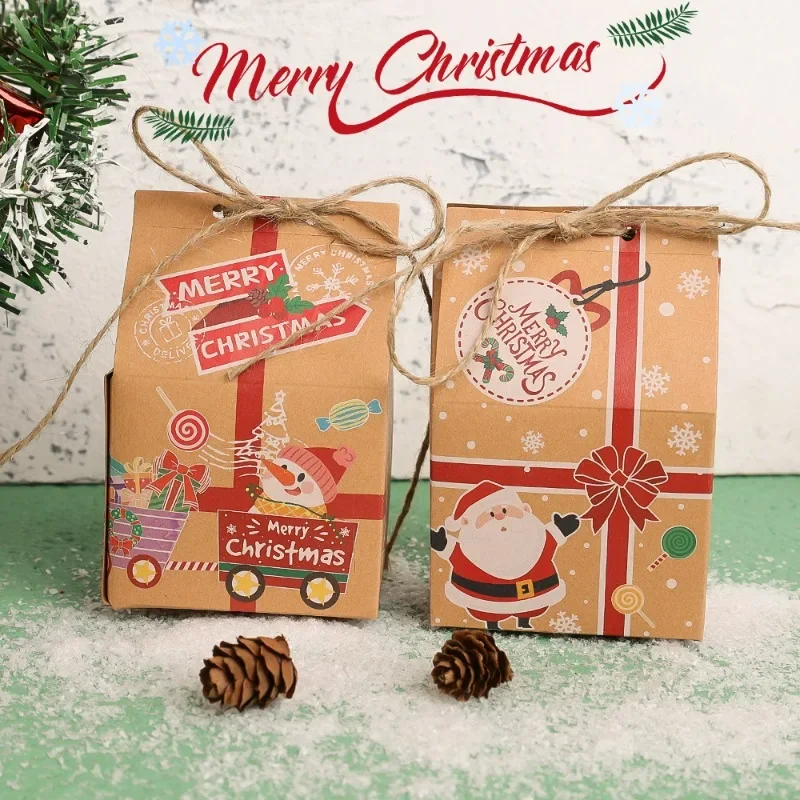 Caja de regalo de dulces de Feliz Navidad con etiqueta, bolsas de embalaje de regalo de galletas de papel Kraft para decoración del hogar, caja de regalo de Año Nuevo, 6/1 Uds.