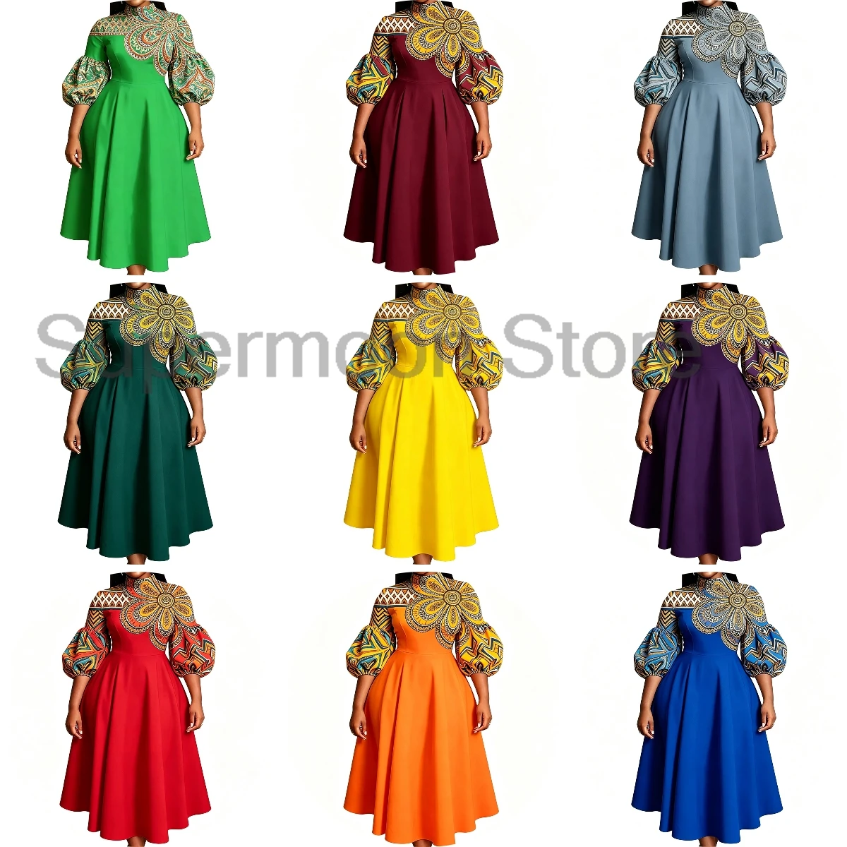 Women Patchwork African Ankara Print Midi Dress Mock Neck Puff Sleeve A‑Line Swing Dresses Ladies Party Evening Dress