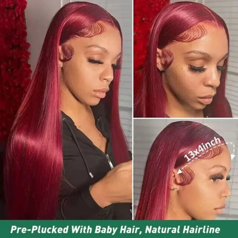 Red Burgundy colored 13x6 HD Transparent Lace Frontal Human Hair Wigs Bone Straight Lace Front Glueless Preplucked Wig For Women