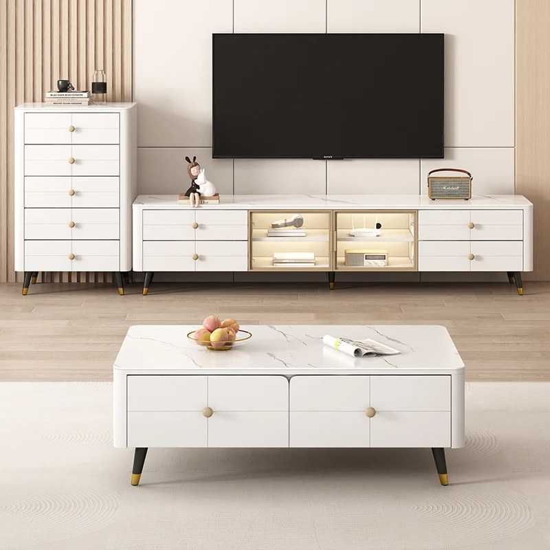 

Rock slab TV cabinet household living room coffee table combination small apartment light luxury TV cabinet 2025 new solid wood