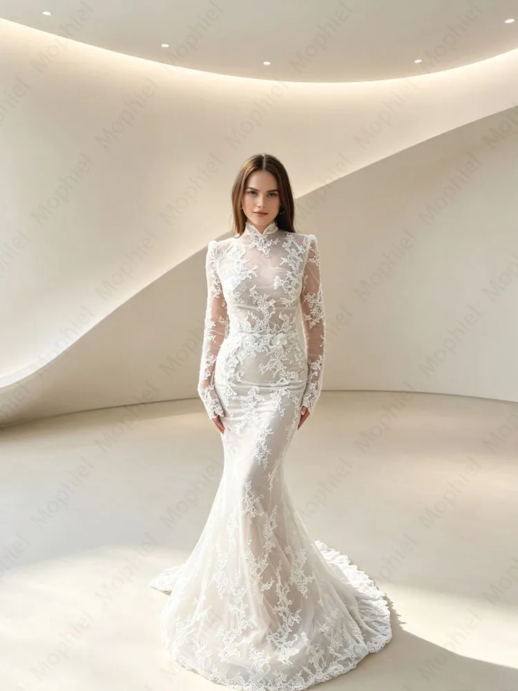 Lace Wedding Dresses Long Sleeve Mermaid Bride Dress Stand Collar Skin Lining Elegant Bridal Gowns Vestido De Novia Customized
