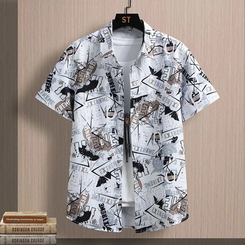 Simplicity Summer Shirts Ice Silk Men's Square Collar Striped Printing Pockets Single Breasted Fashion Loose Short Sleeve Tops