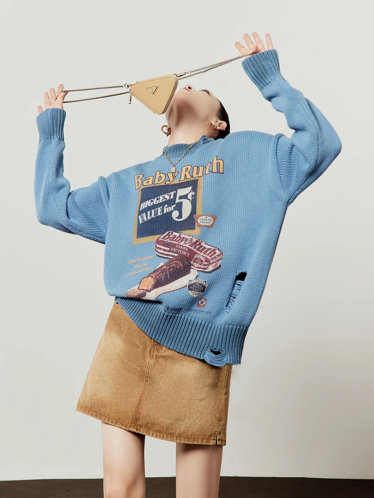 

Blue Knitted Sweater Women's Loose Fit Casual Hole Design Spring New Sle Treasure Crt Casual Faion Outerwear