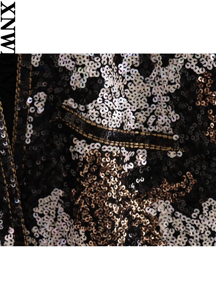 XNWMNZ 2024 Women\'s Fashion Sequin Open Cardigan Women High Street Round Neck Long Sleeve Pocket Versatile Female Coat