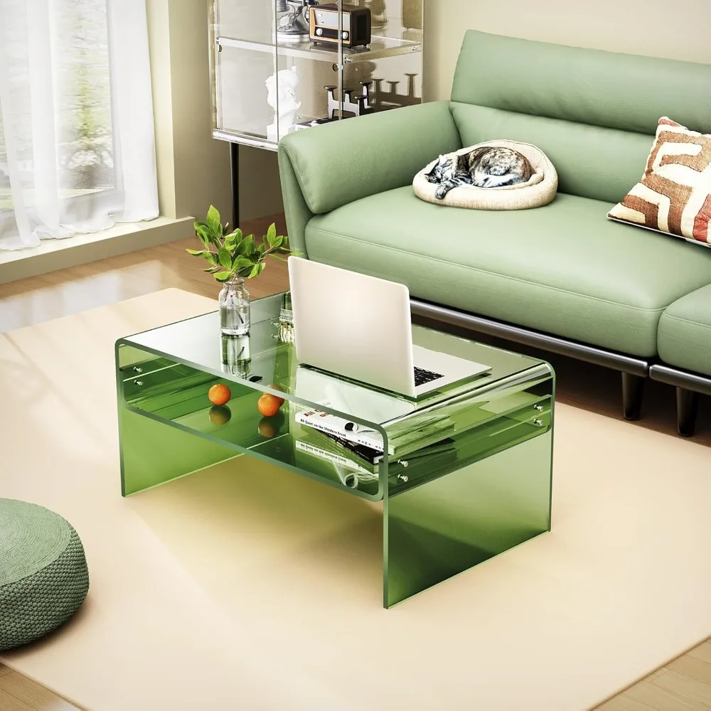 Mesa de centro acrílica para sala de estar Mesa retangular transparente Lucite com prateleira de armazenamento aberta (1, verde, grande)