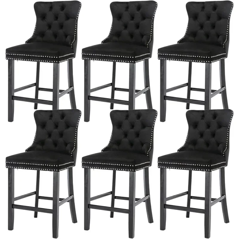 6-piece Beige Bar Stool Set, 27 Inch Modern Velvet Bar Chair with Button Decoration and Nail Head Decoration