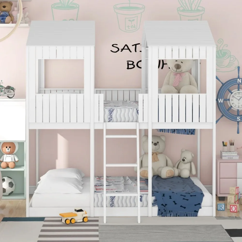 Full Over Full Wood Bunk Bed, modern and practical design for children's bed, double bed, fall protection, baby crib