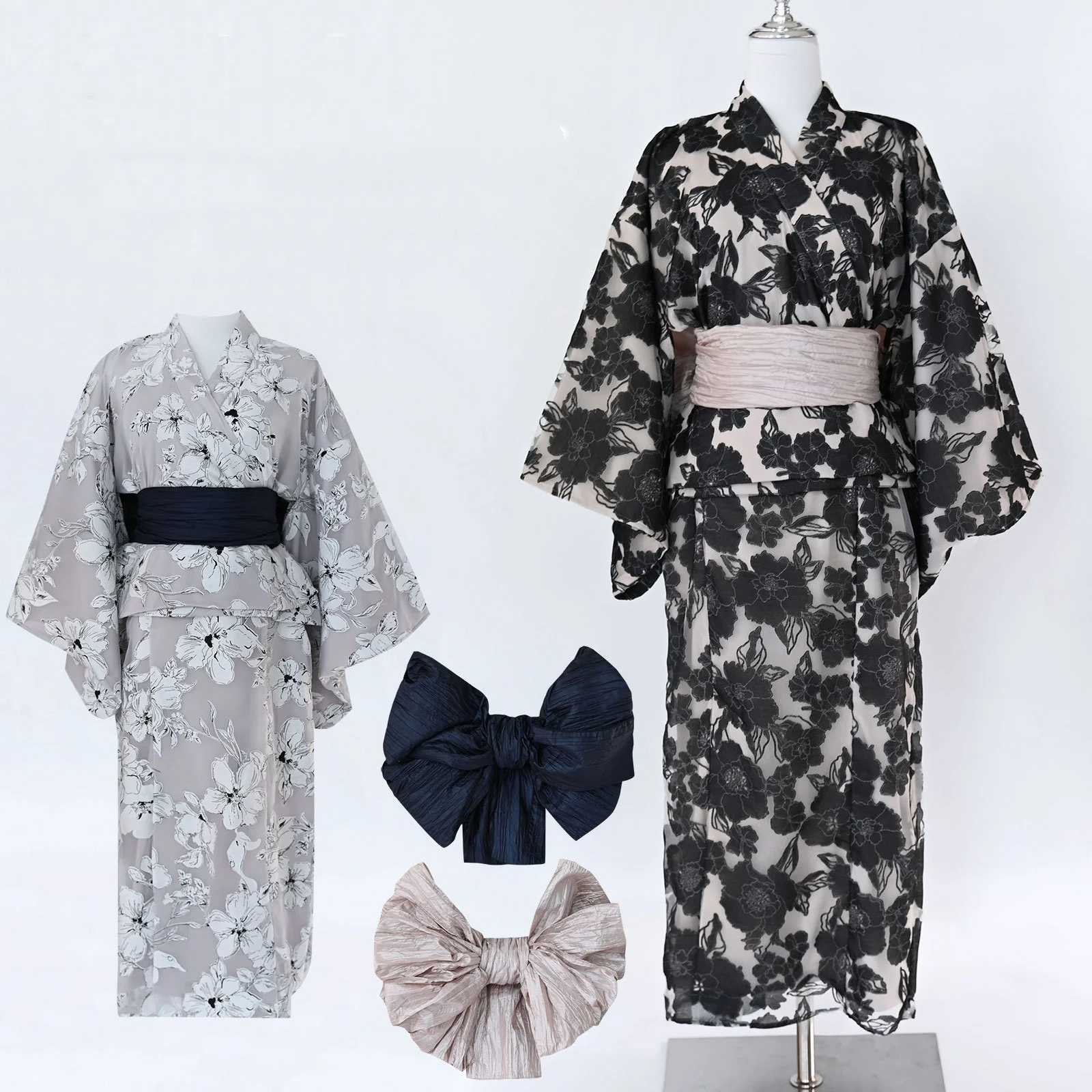 

Женское традиционное кимоно в японском стиле черно-белого цвета, большой комплект юката из органзы с цветочным принтом, комплект из двух предметов с Оби