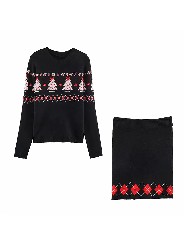 Women Fashion Printing Pattern Pleated Two Piece Sets Womens Round Neck Long Sleeves Top Elastic Waist Skirtautumn New