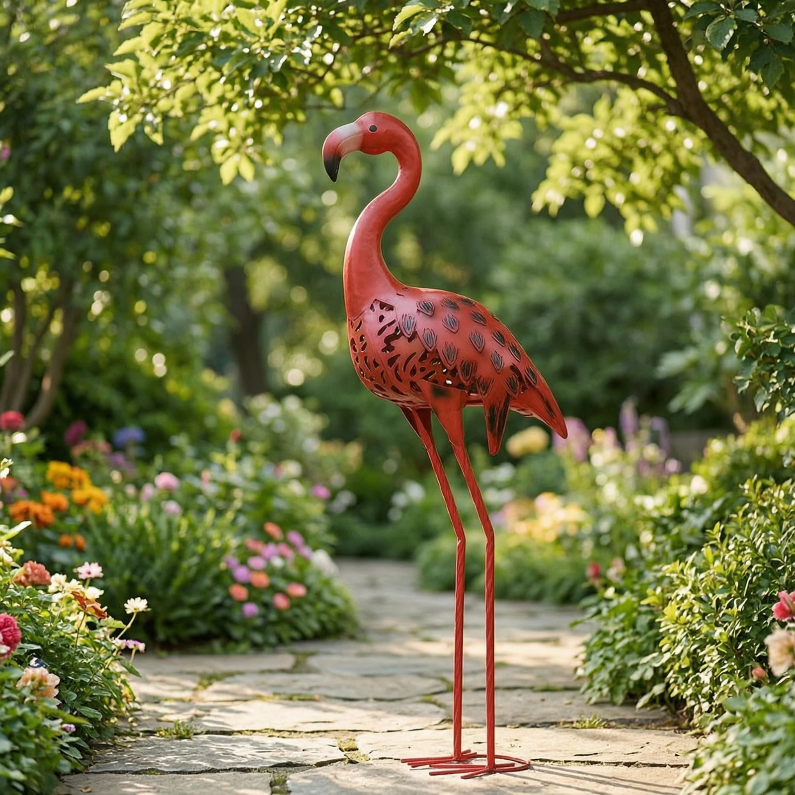 Flamingo Statue with Solar Light Perforated Metal Flamingo Garden Stake Lawn Ornament Weather-Resistant Energy-Efficient