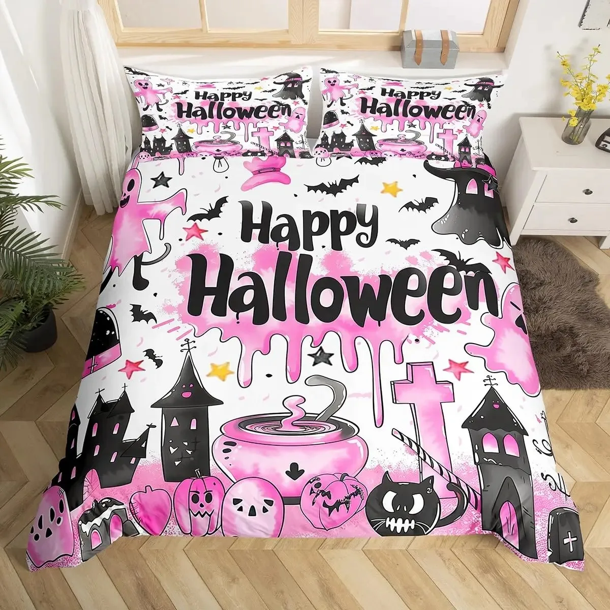 Happy Halloween Duvet Cover Double Stars Bat Ghost Cat Pumpkin Comforter Cover Cartoon Holiday Pink Purple Graffiti Quilt Cover