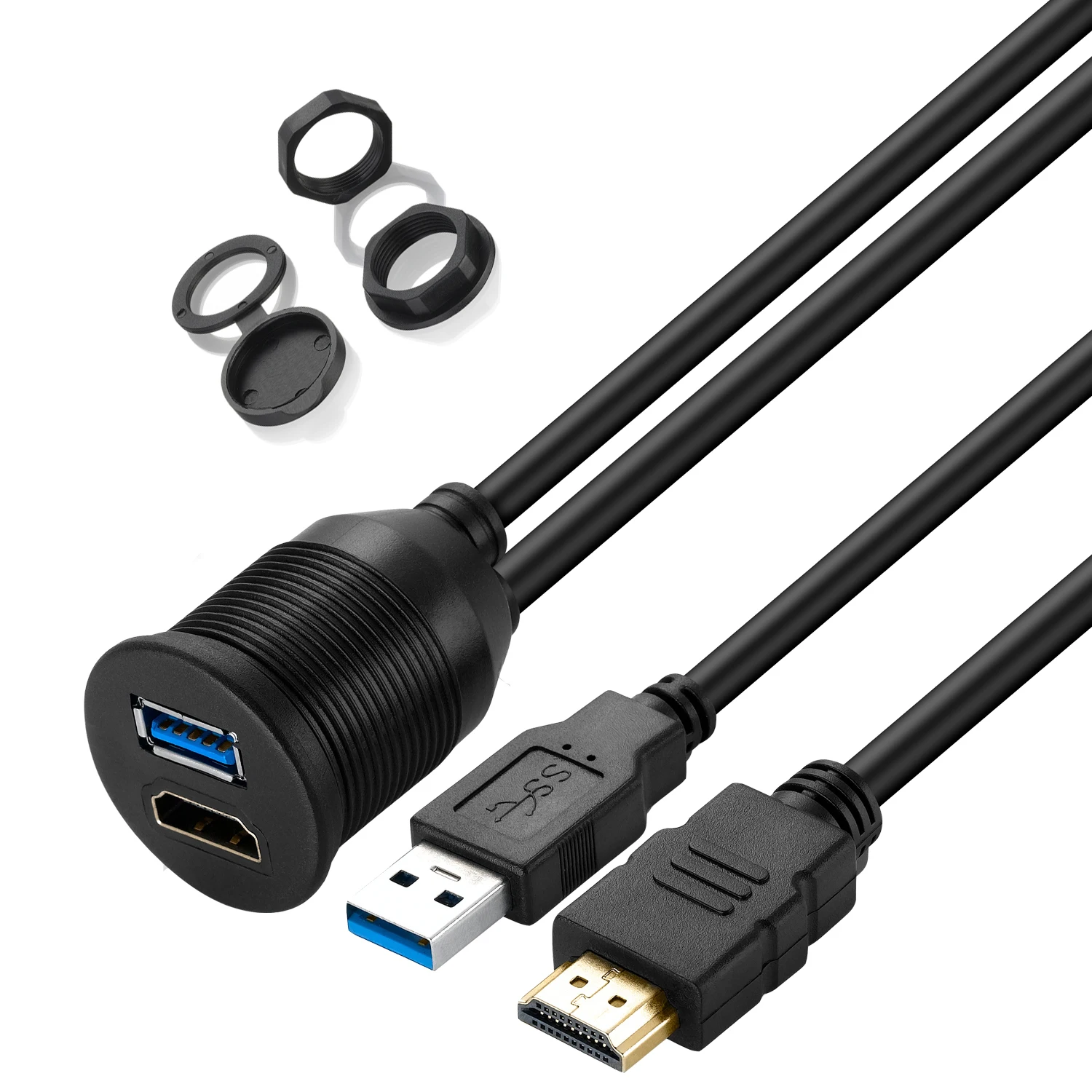 Bochara  USB 3.0USB 2.0+HDMI-Compatible Extension Cable Male to Female V2.0 4kx2K @60Hz Flush Mount Panel Dashboard For Car