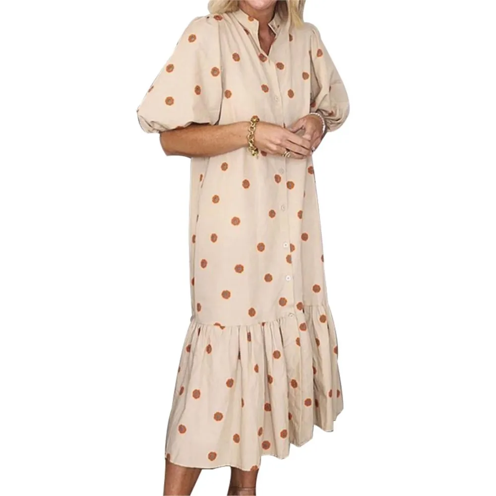 Fashion Printed Polka Dot Stand-up Collar Women's Loose Shirt Dresses Summer Casual  Elegant Female Beach Party Home Wear Dress