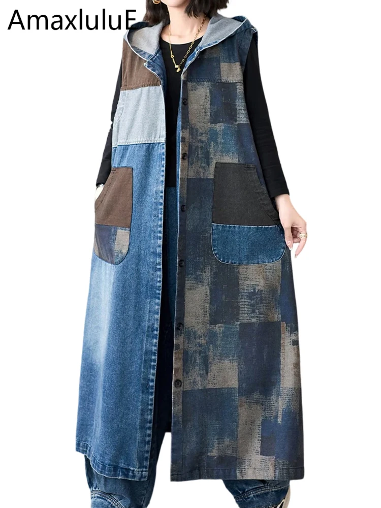 

Amax LuluE Spring Females Fashion Loose Patchwork Vest Womens Hooded Denim Sleeveless Coats British Classic Vintage Waistcoats