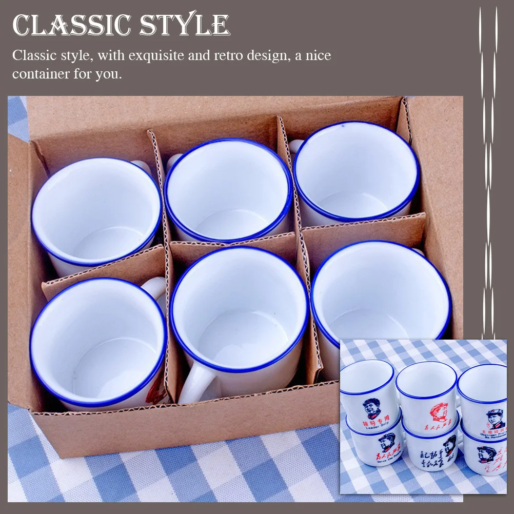

6Pcs Vintage Enamel Mugs Classic Style Anti-Slip Handle Exquisite Retro Design Heat-Insulated Water Cup Enamel Cup