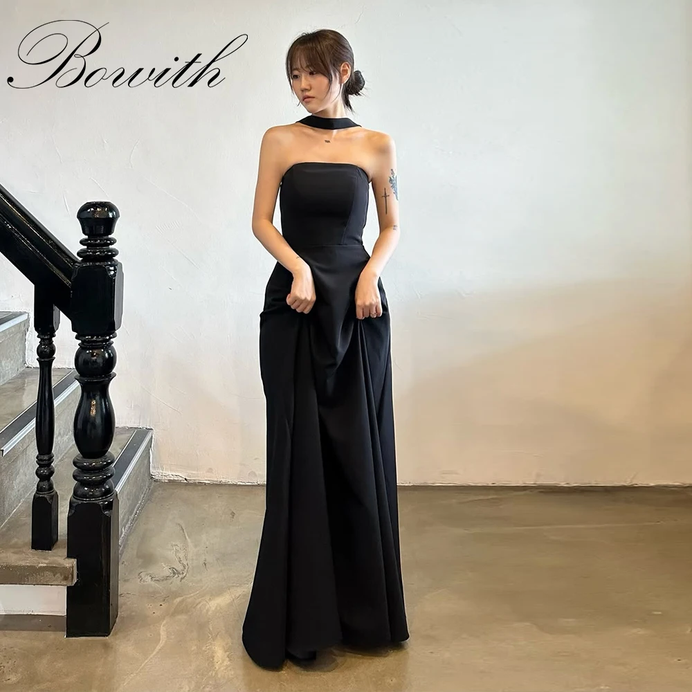 

Bowith Simple Black Wedding Dress Customized Korea Photoshoot Strapless Satin Bridal Gown Customized Sleeveless Evening Dresses