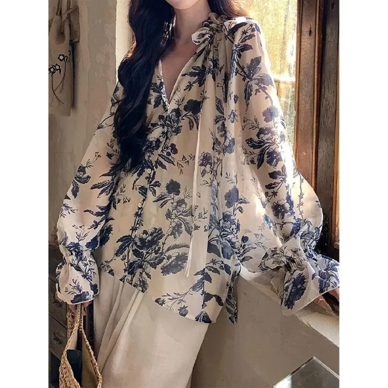 Women's Summer Floral Print Chiffon Blouse Long Sleeve Tie Neck V Neck Casual Shirt view 4