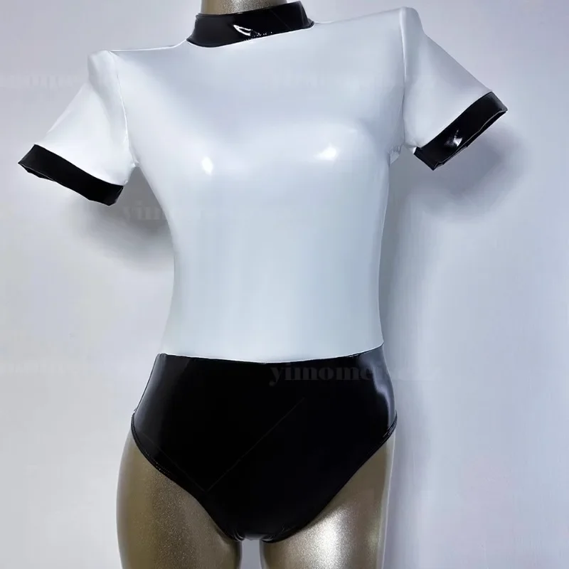 

Customized Dance Tight Jumpsuit Black and White High Slit Gymnastics Suit Swimsuit Four Sided Elastic Mirror Leather Material