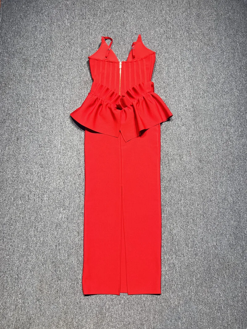 LEOSOXS 2025 Top Vrouwen Celebrity Sexy V-hals Ruches Rode Maxi Lange Bodycon Bandage Jurk Elegante Avond Club Party Outfit