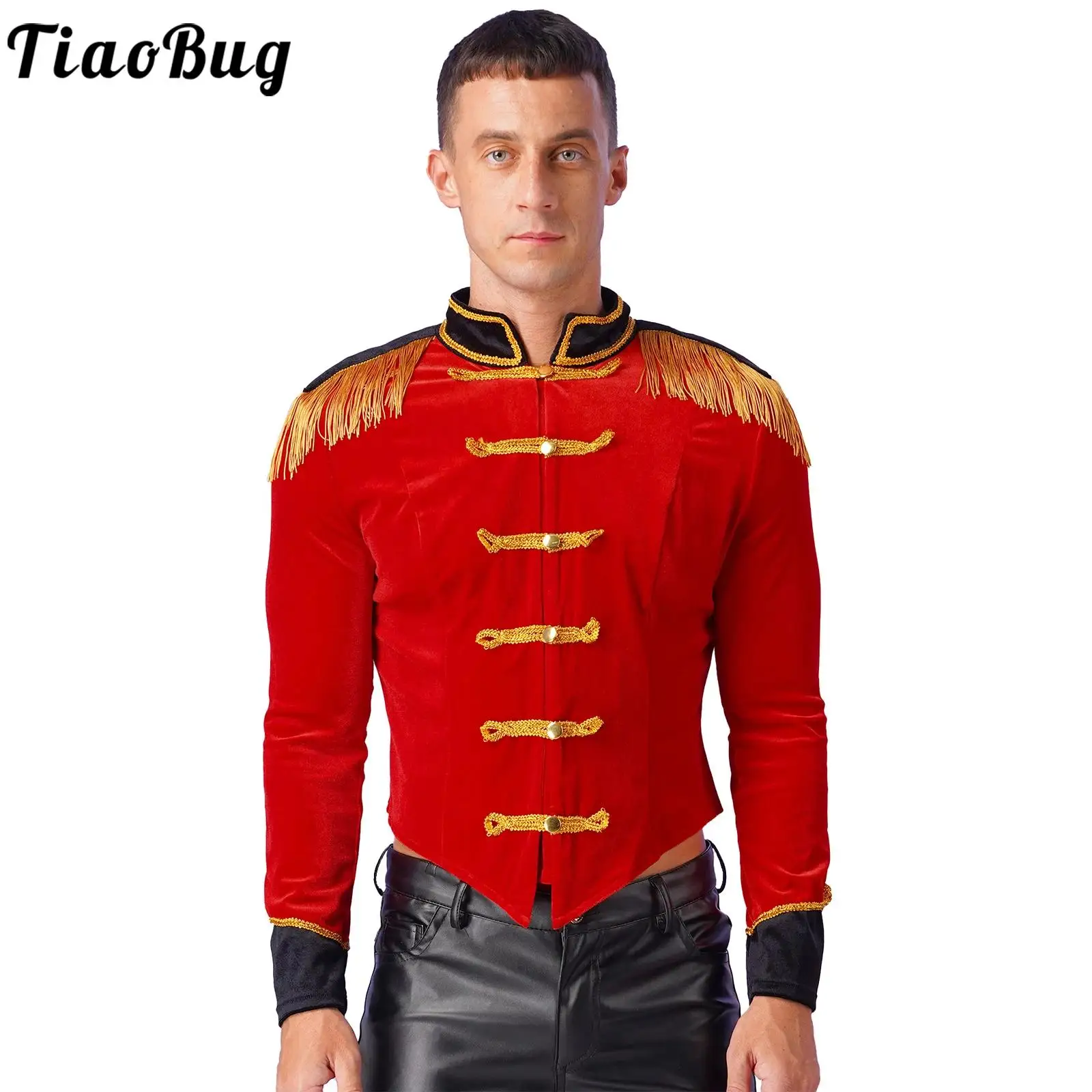 

Mens Circus Ringmaster Cosplay Jacket Coat Costume Long Sleeve Fringed Shoulder Tailcoat Tops for Halloween Showman Dress Up