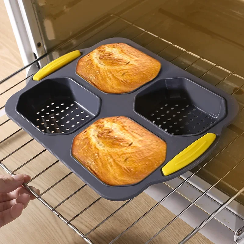 Loaf Pan with Four Small Buns Food Grade Silicone Non-stick Easy Release Home DIY Cake Baking Breakfast Tool for Hot Dog Buns