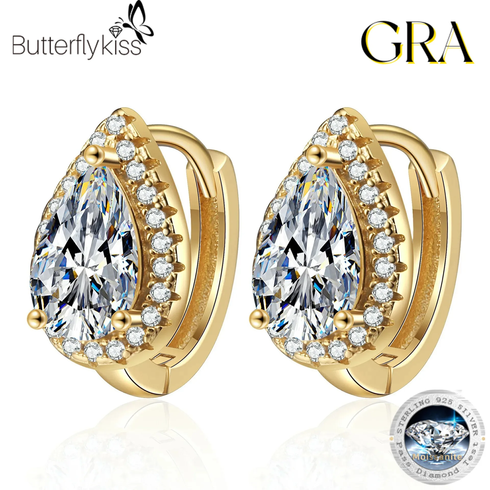 

Butterflykiss Pear Cut D VVS1 Moissanite Hoop Earrings 1CT Total 2CT 925 Sterling Silver Earrings For Women Wedding Jewelry