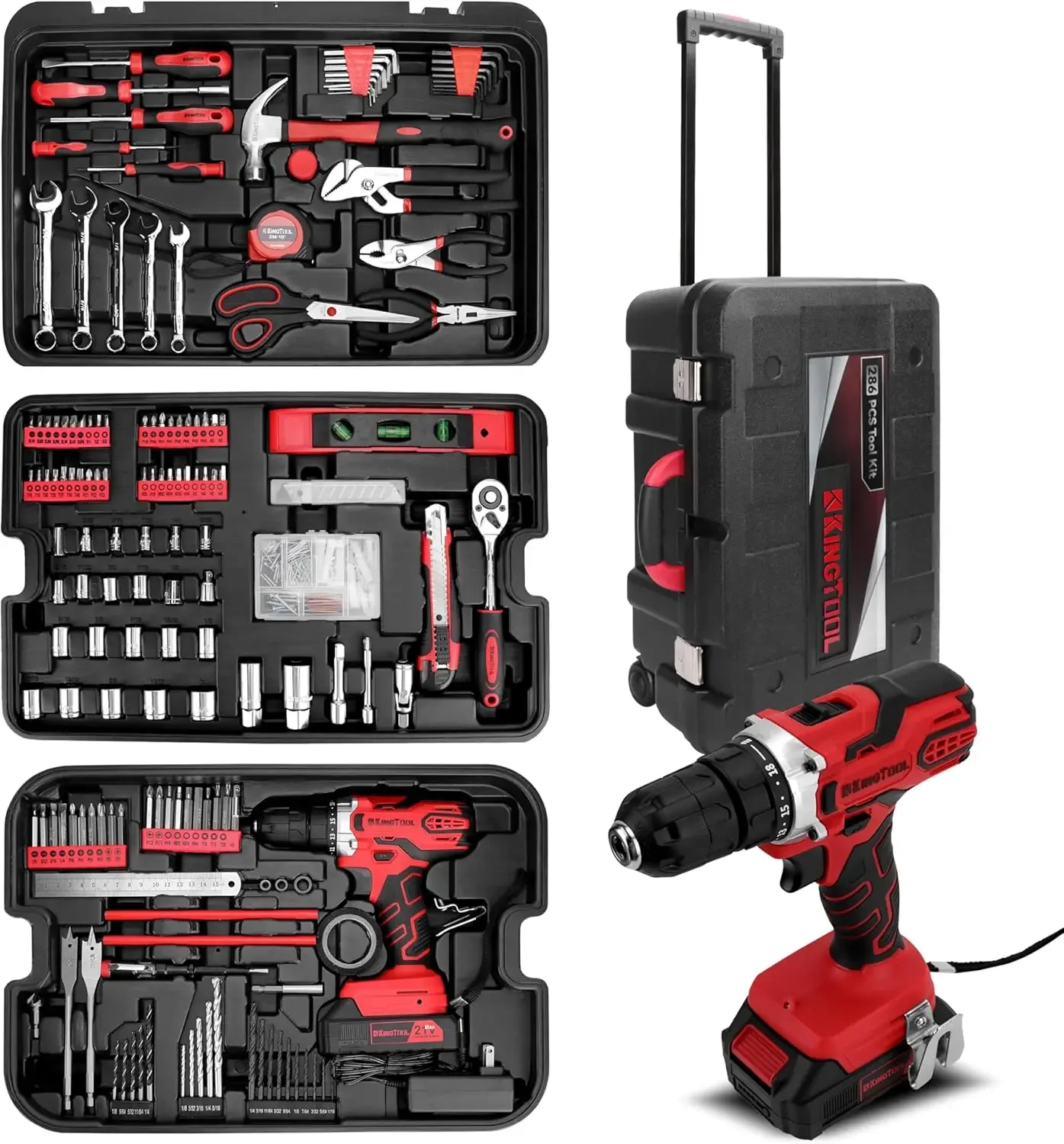 Home Set Kit - 286 PCS Home Auto Repair Kit with Rolling Box, Mechanic Sets with 21V Max Cordless Power dril