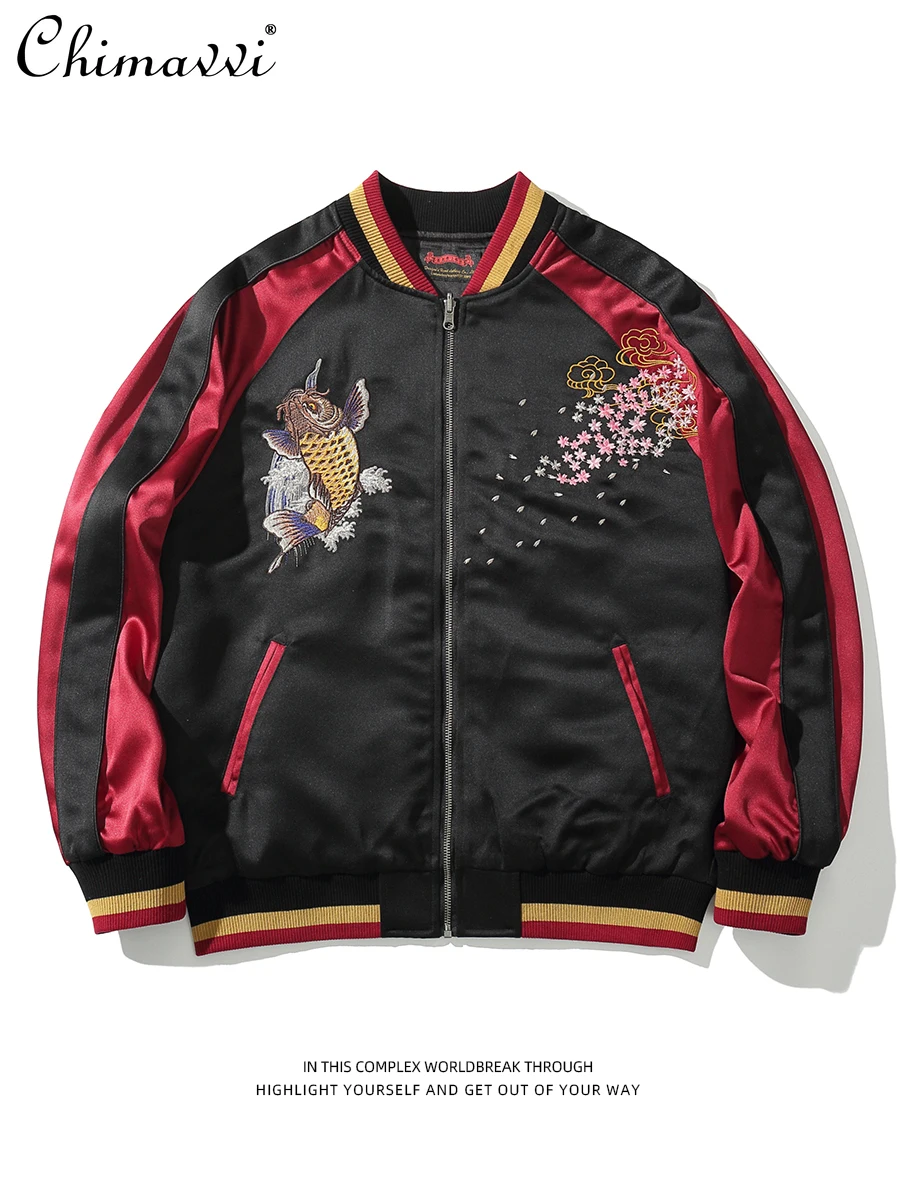 Jaket Yokosuka Baru 2025 Atasan Jersey Bisbol Bordir Ikan Mas Kepribadian Pria Fashion Mantel Longgar Lengan Panjang Tampan