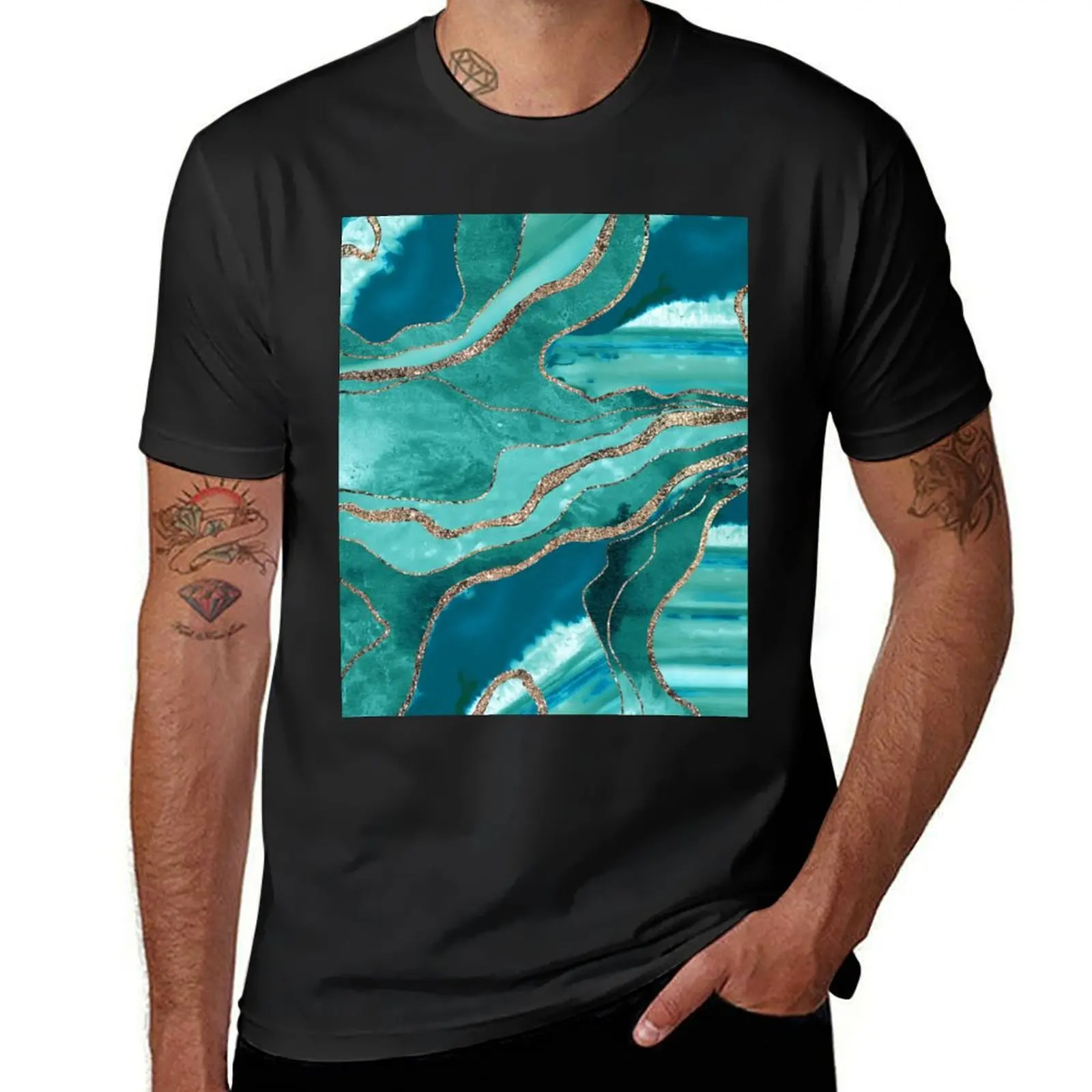 

Soft Turquoise Teal Marble Agate Gold Glitter Glam #1 (Faux Glitter) #decor #art T-Shirt Short sleeve tee men graphic t shirts