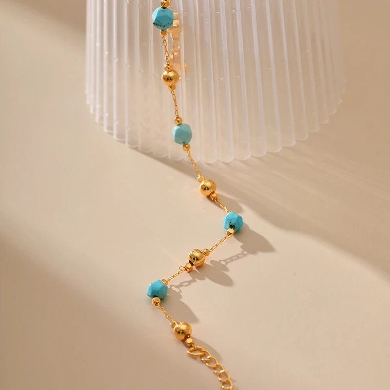 Irregular Cut Turquoise Beads Handmade 18k Gold Plated Metal Round Ball Chain Women Bracelet Fashion Day Wear Jewelry Gifts