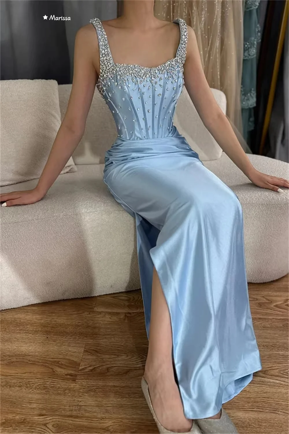 Marissa longo cauda de peixe luxo vestido de baile 2025 vestido de noite de casamento mulher feito sob encomenda gola quadrada ombros expostos cristal