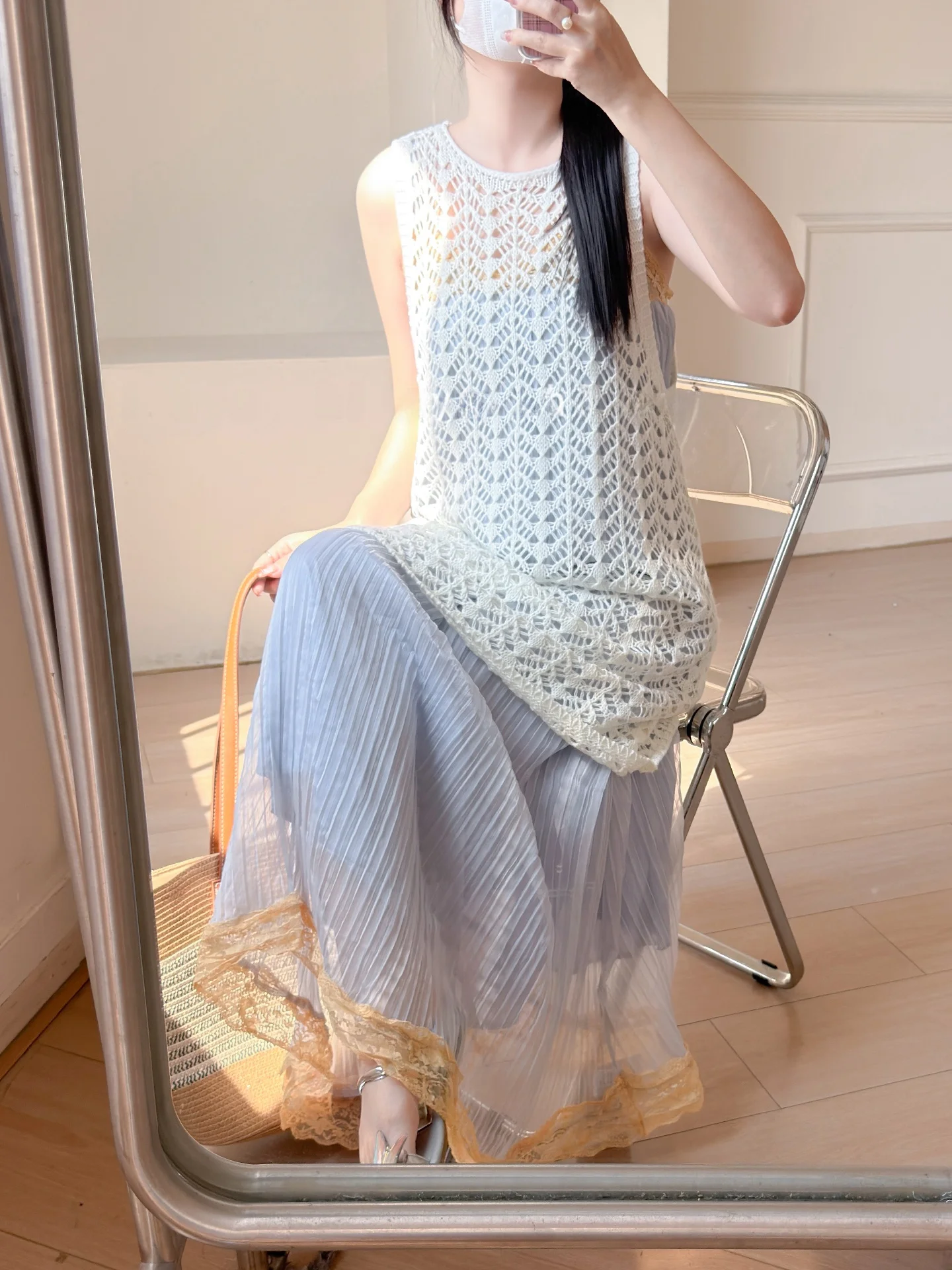 

Summer Lace Knitted Vest Hollow out Knitted Tube Top Skirt Set Women's Faion Breathable round Ne Svel Loose Fit