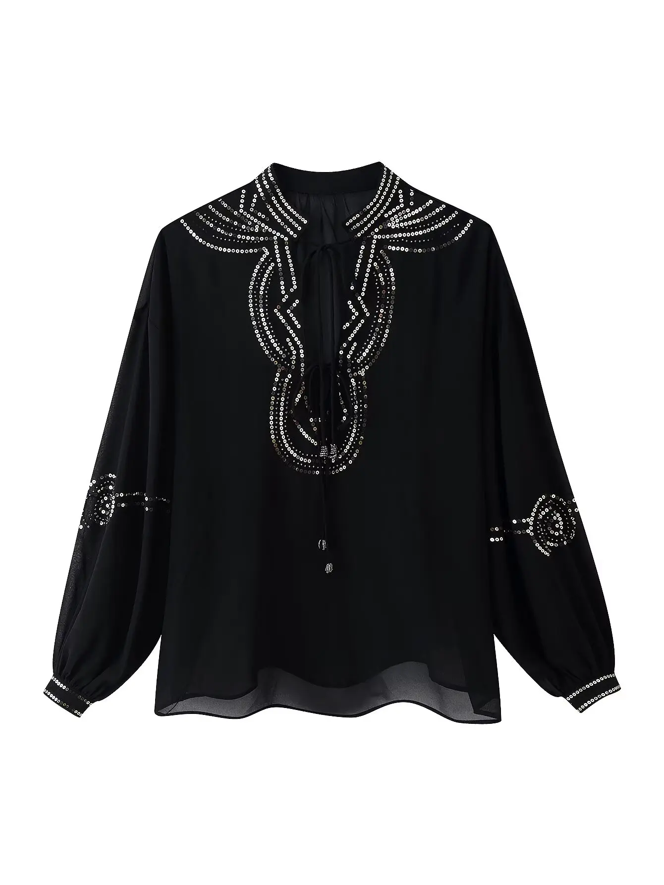 

Women Black Sequin Puff Sleeve Blouse Tie V-neck Sheer Chiffon Tops Sexy Loose Shirts