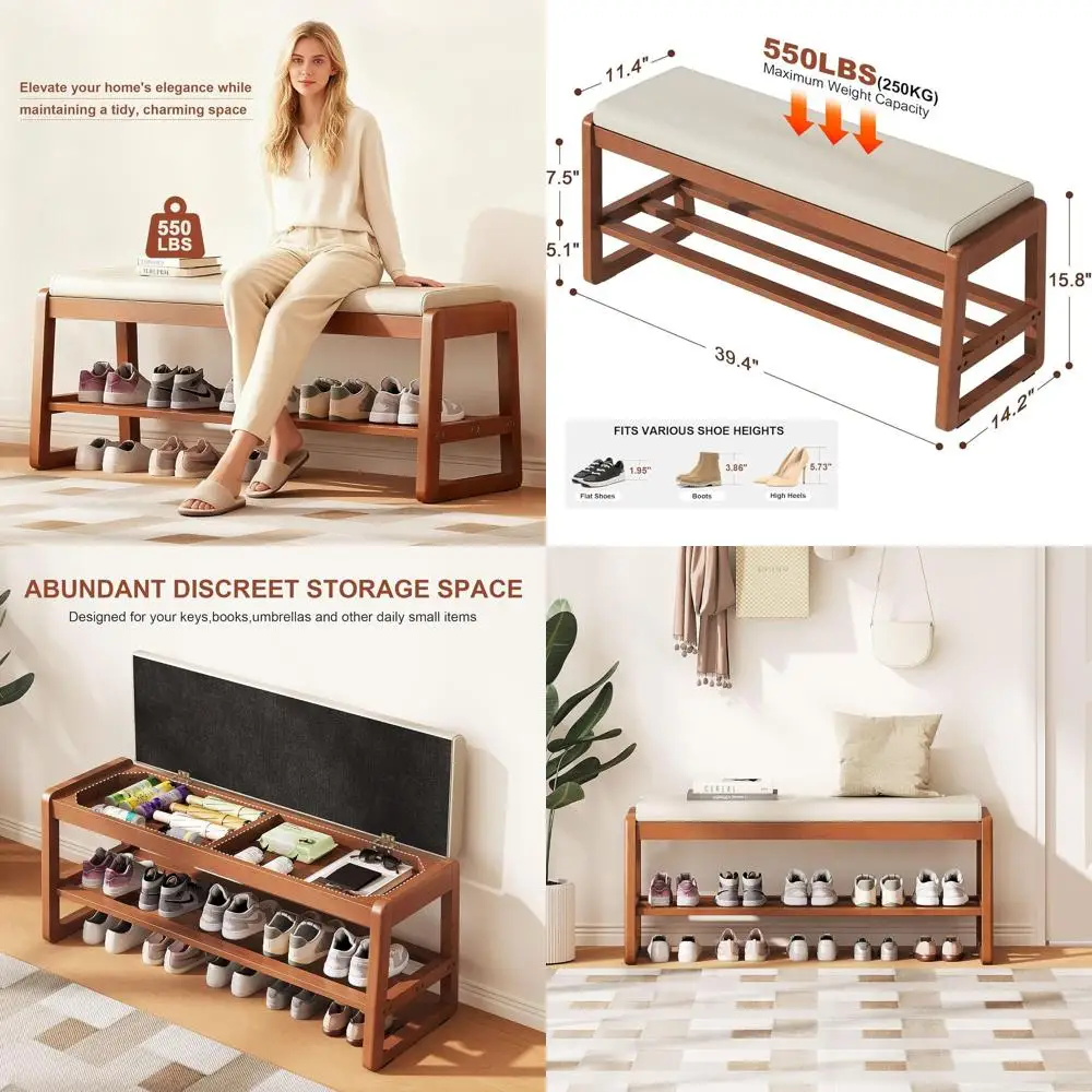 

Rubberwood Shoe Bench with Leather Seat, 39.4 Waterproof, 550LBS Capacity Shoe Storage Organizer for Entryway, Hallway, Mudroom