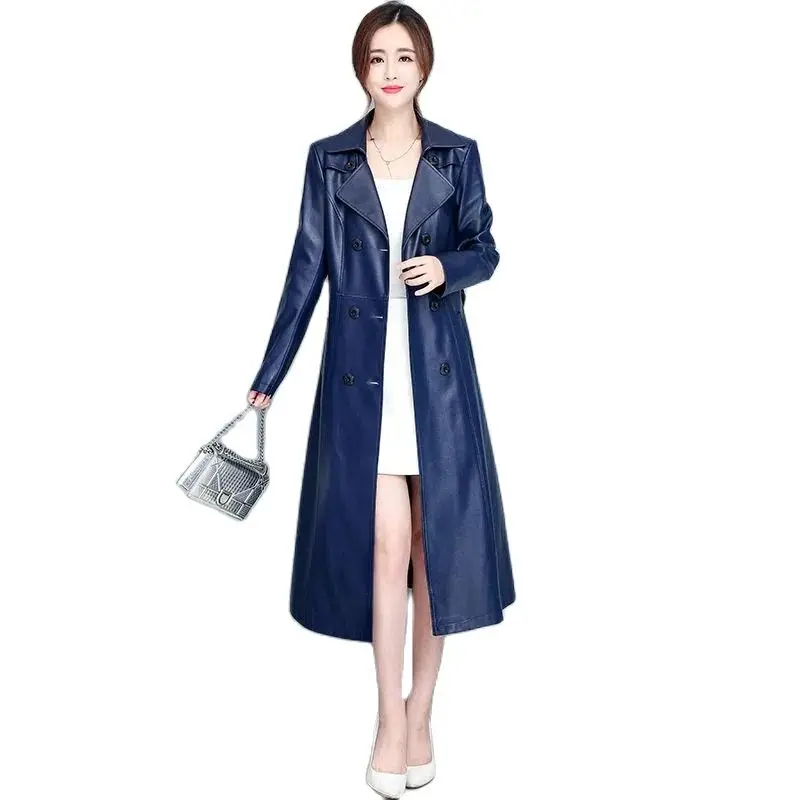 

Haining Women's Long Korean Slim Large Size Windbreaker Coat Autumn And Winter New Tide Knee-length Leather Coat