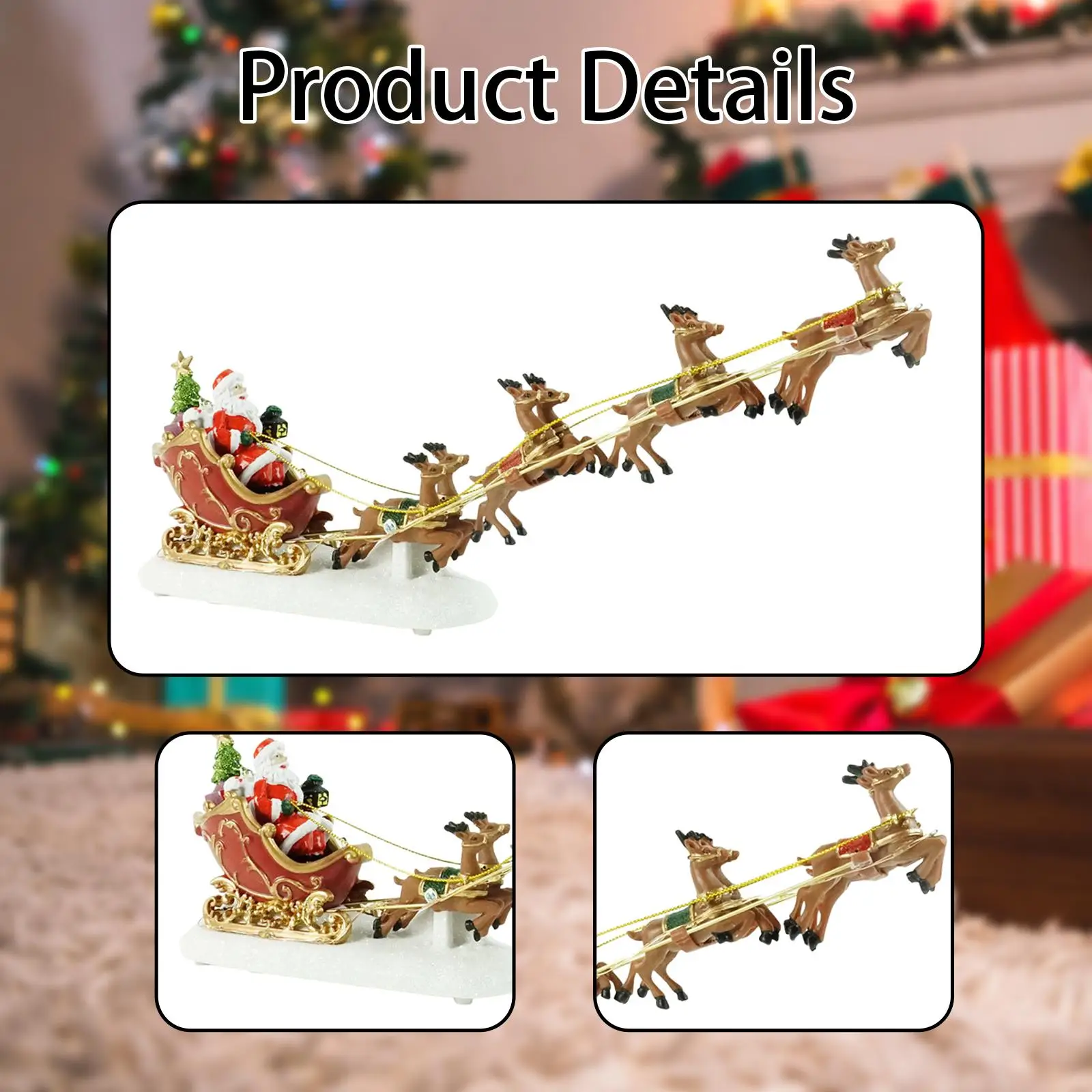 Santa Sleigh Reindeer Ornament Sculpture Glowing Resin Christmas Decoration for Gift Desktop Celebration Fireplace Farmhouse