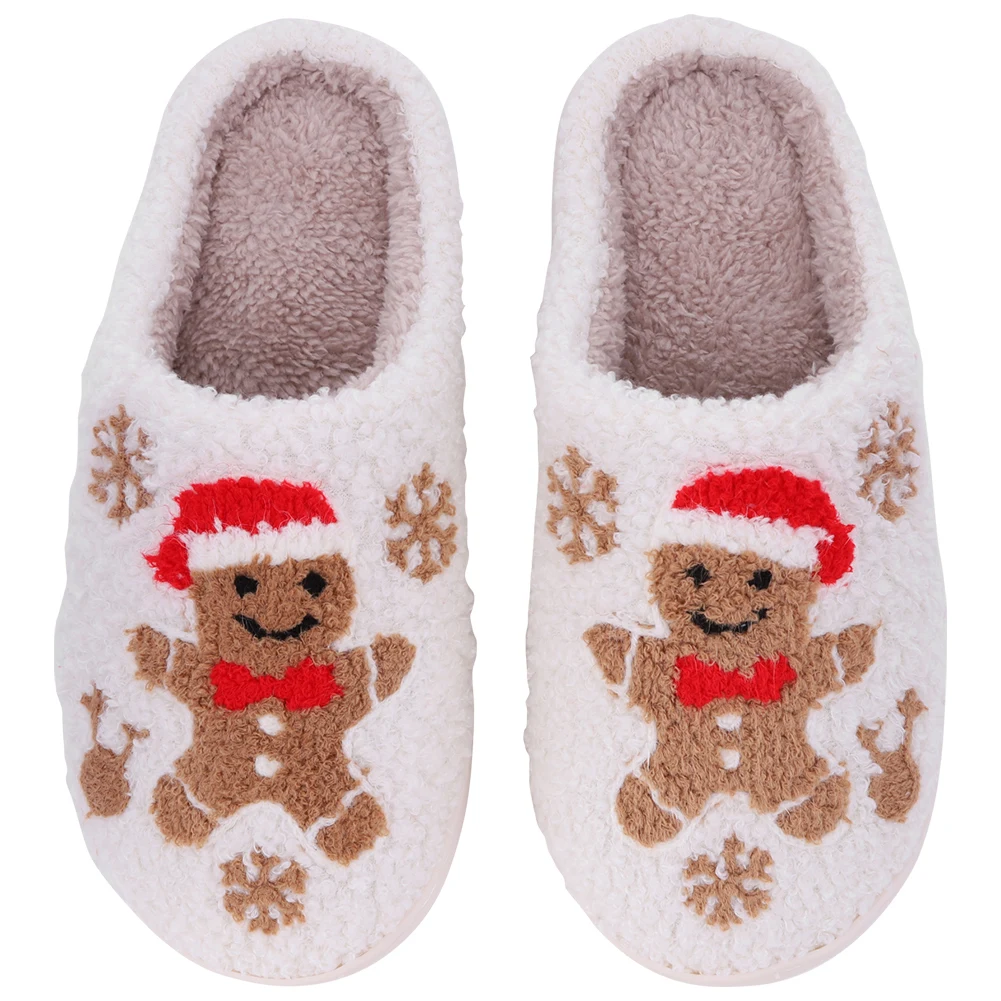 

Christmas Gingerbread Man Slippers Warm Slip-on House Shoes Comfortable Furry Snowflake Slippers Anti Slip for Autumn Winter