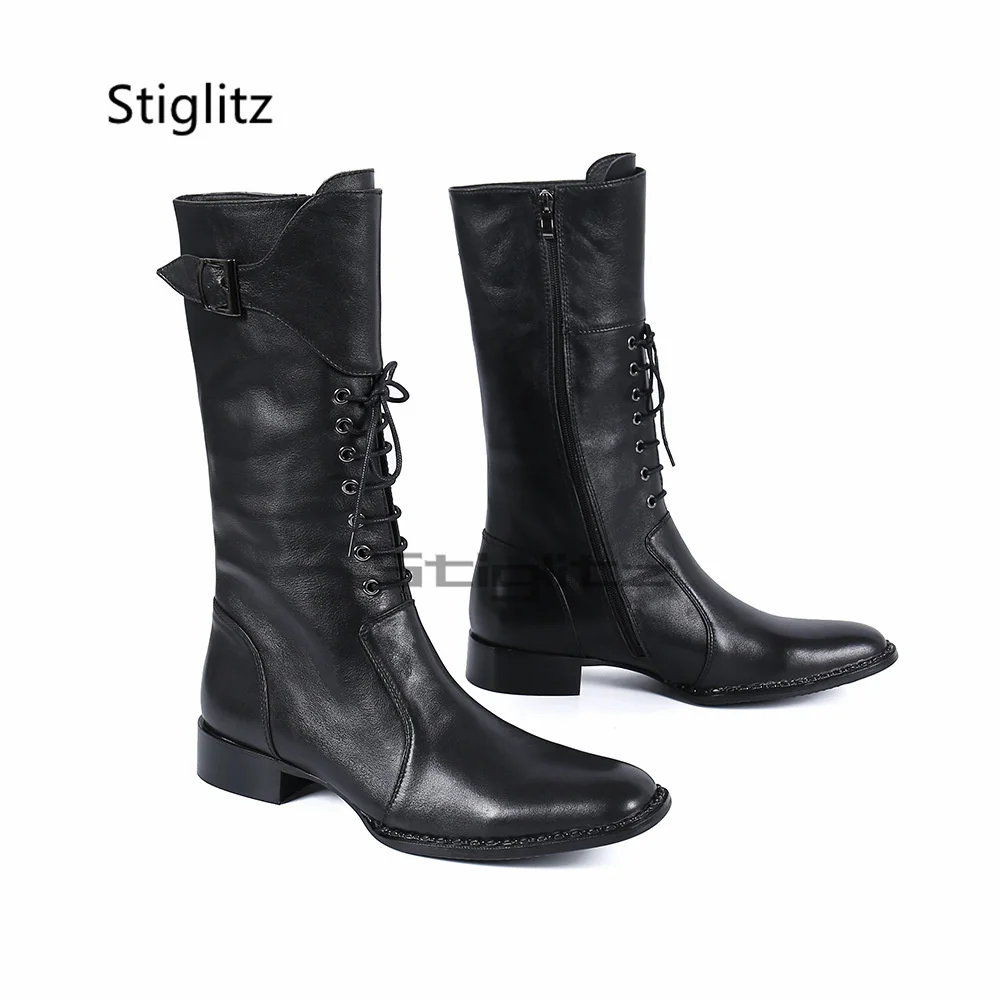 Men's Lace Up Riding Boots Black Genuine Leather Low Heels Long Motorcycle Boots British Style Buckle Party Dress Winter Shoes - view 2