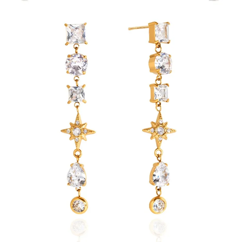 Minar Light Luxury Square Water Drop Starburst CZ Cubic Zirconia Tassel Long Dangle Earrings for Women Titanium Steel 18K Gold