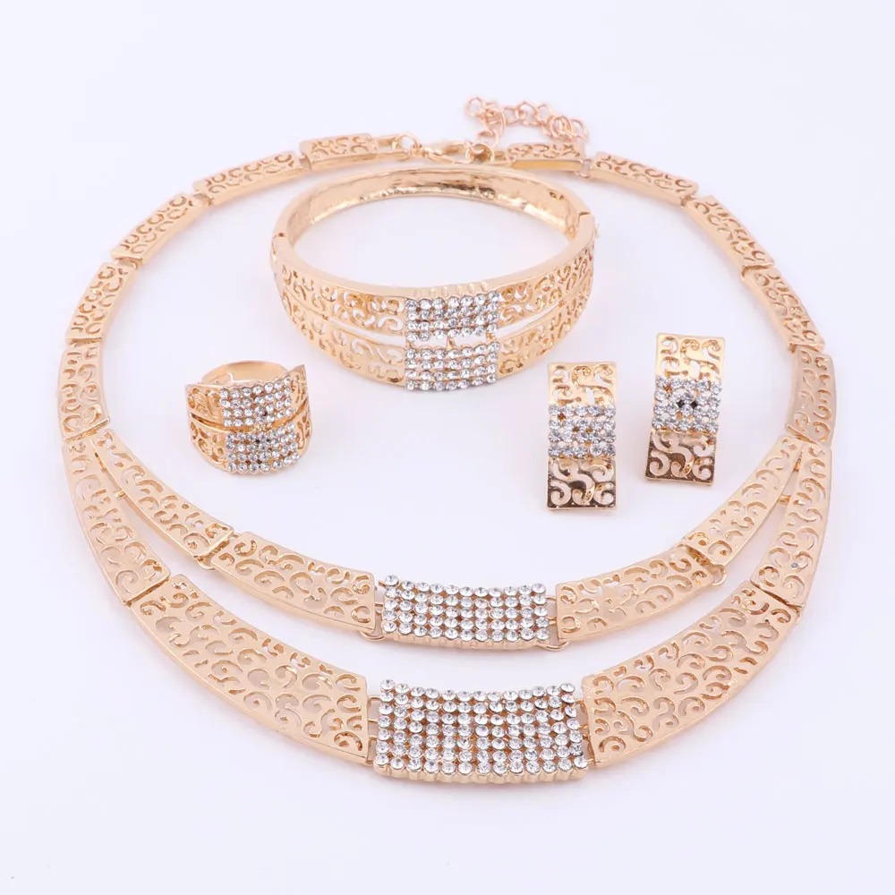 Women Dubai Gold Color Crystal Necklace Earrings Bangle Ring Jewelry Nigeria Bride Wedding Party Gifts Jewelry Set