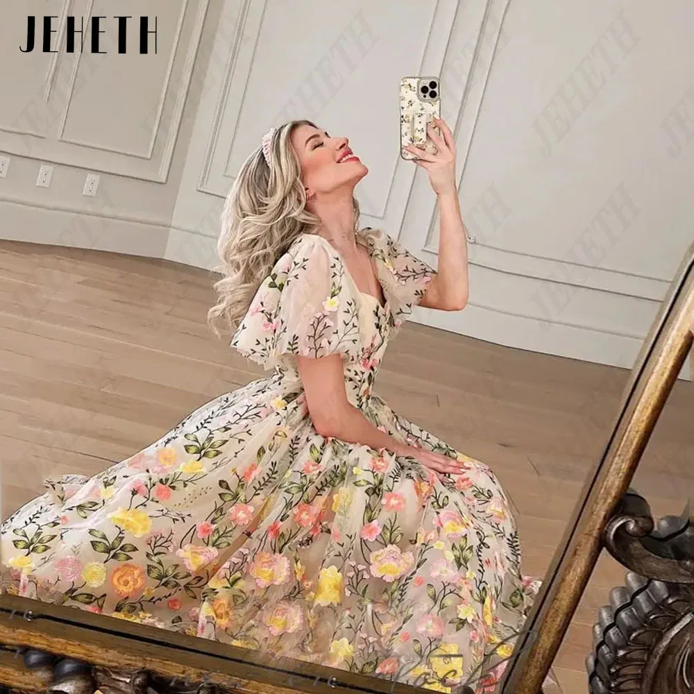 

JEHETH Floral A-Line Lace Prom Dresses Embroidery V-Neck Short Sleeves Tulle Tea-Length Vestidos De Gala Formal Party Gowns