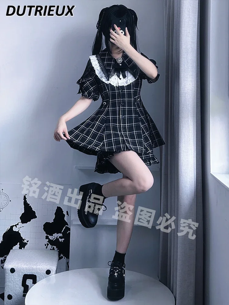 

Japanese Mine Y2k Summer and Autumn Women's Lace Edge Short-sleeved Long-sleeved Black Dress and Base Shorts Two Piece Set