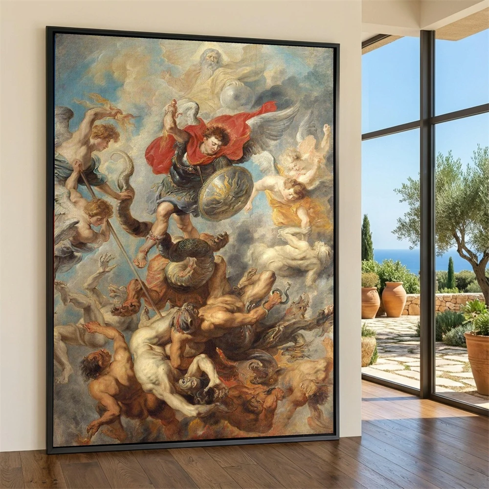 Baroque Angelic Battle Scene Canvas Painting Peter Paul Rubens Wall Art Prints Mythological Canvas Painting Dramatic Religious