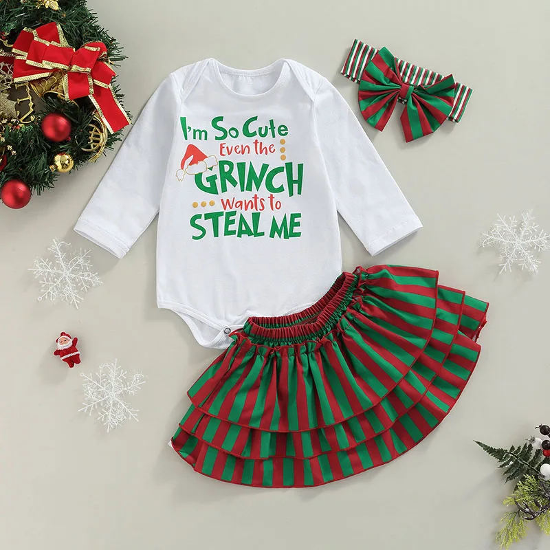 New Baby Girls Three Piece Suit Fashion Letter Long Sleeve Romper And Stripe Short Skirt Headband 0-3 Years Hot Sale