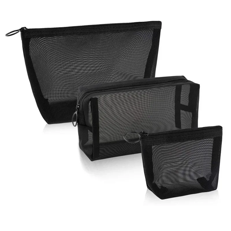 

1pc Women Travel Black Mesh Cosmetic Bag Zipper Make Up Toiletry Wash Bags Transparent Mesh Makeup Case Organizer Storage Pouch